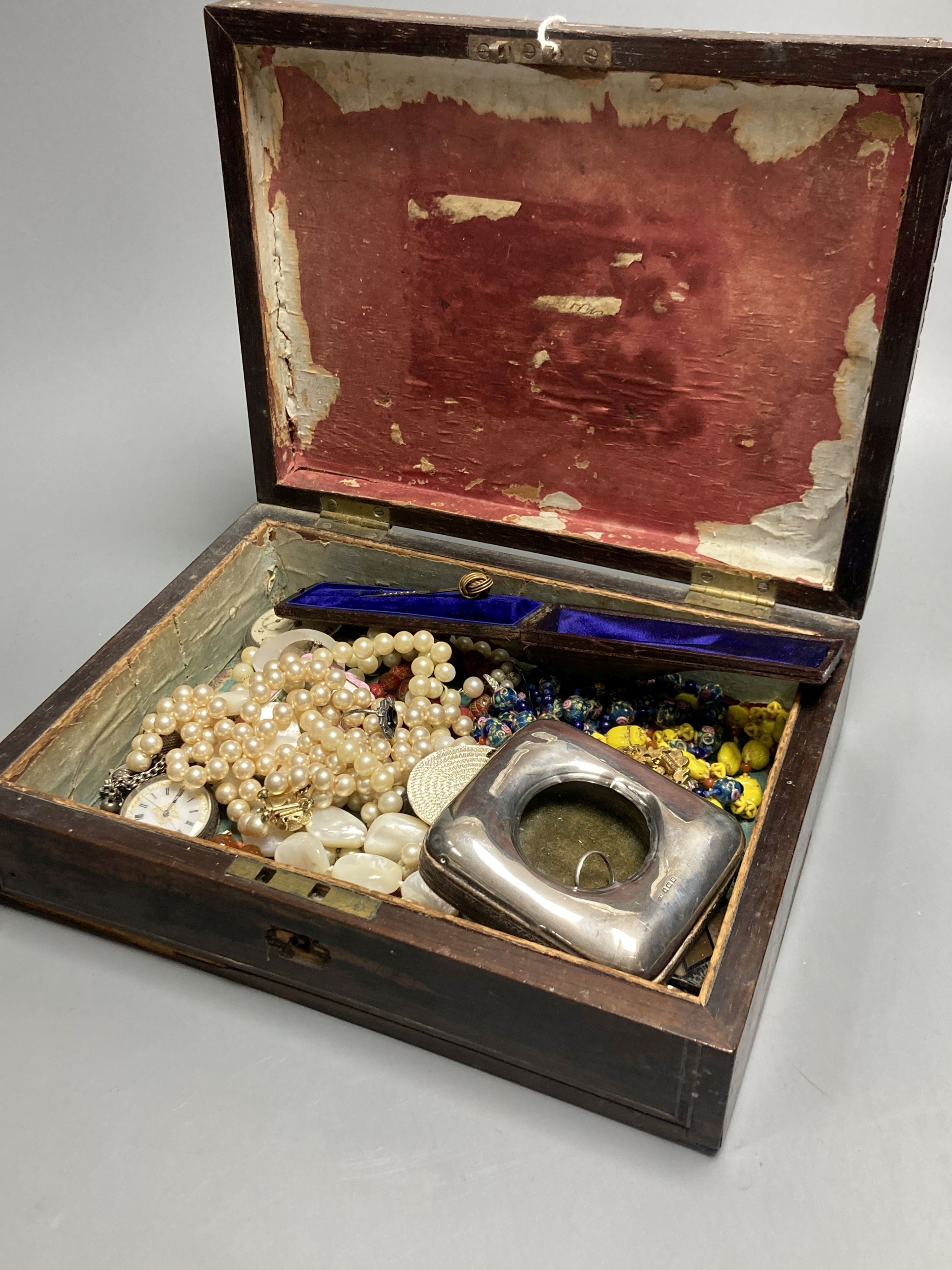 A silver travelling watch case, two pocket watch and assorted jewellery including knot stick pin, costume, necklaces etc.